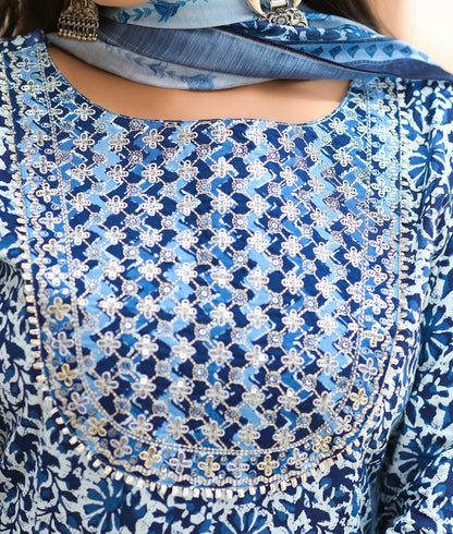 Women's Blue Handblock Dupatta Set