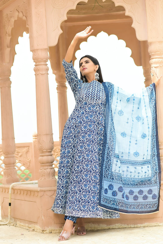 Women's Blue Handblock Dupatta Set