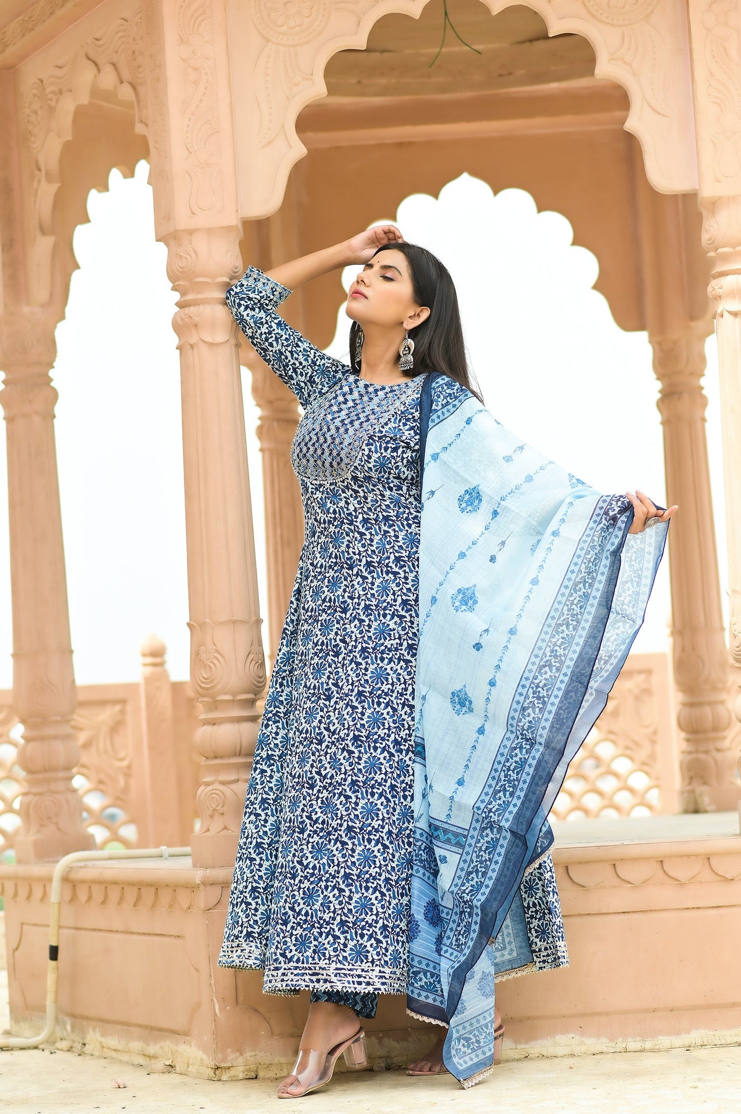 Women's Blue Handblock Dupatta Set