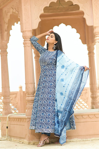 Women's Blue Handblock Dupatta Set