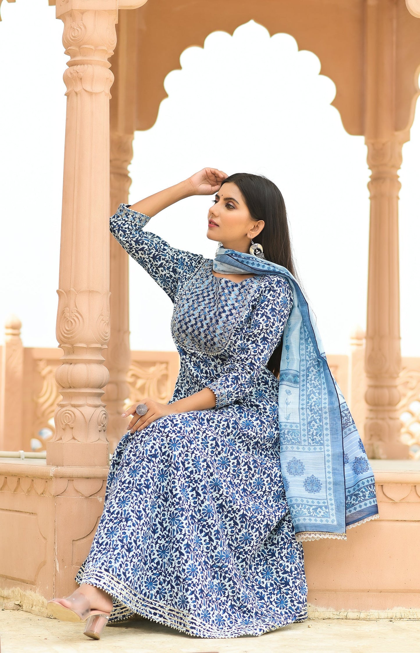 Women's Blue Handblock Dupatta Set