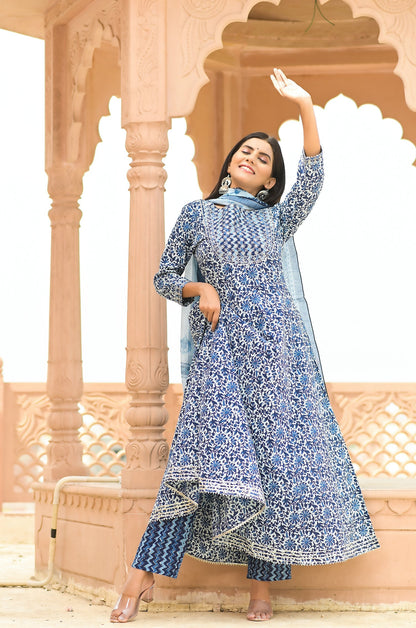 Women's Blue Handblock Dupatta Set