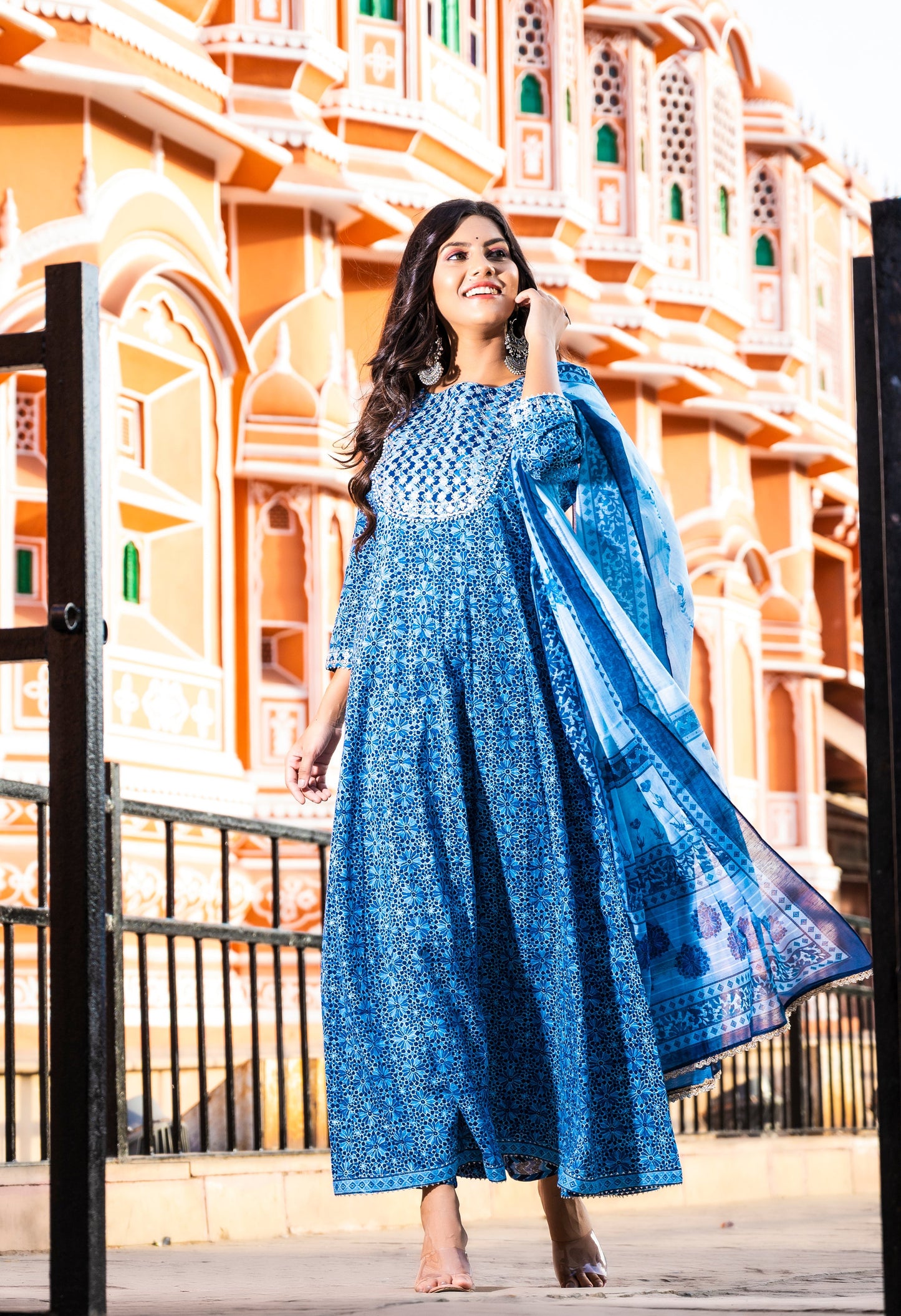 Women's Blue Handblock Dupatta Set