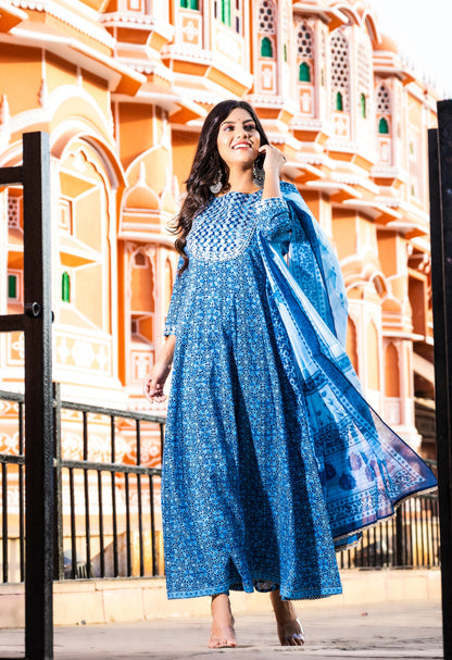 Women's Blue Handblock Dupatta Set