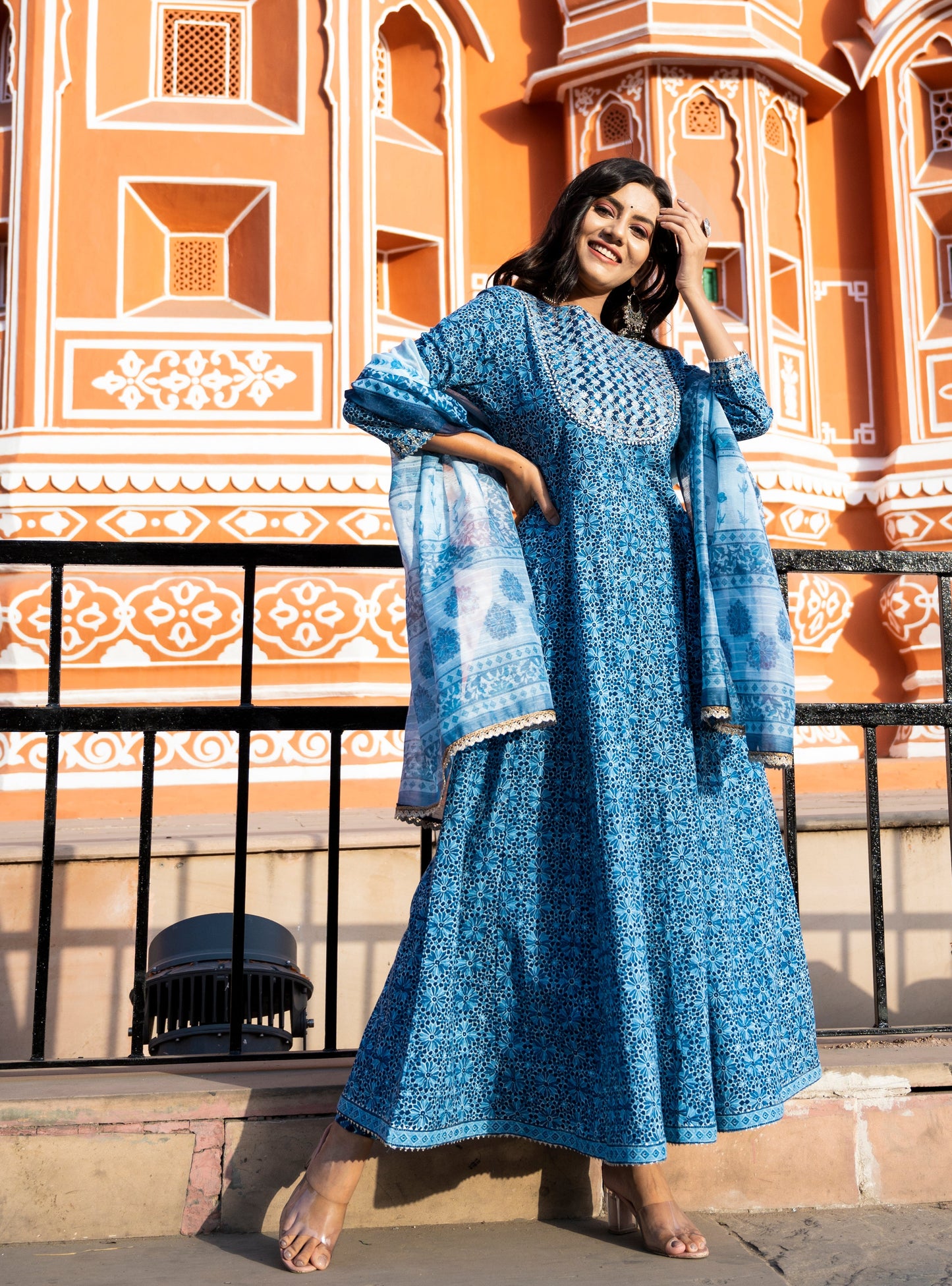 Women's Blue Handblock Dupatta Set