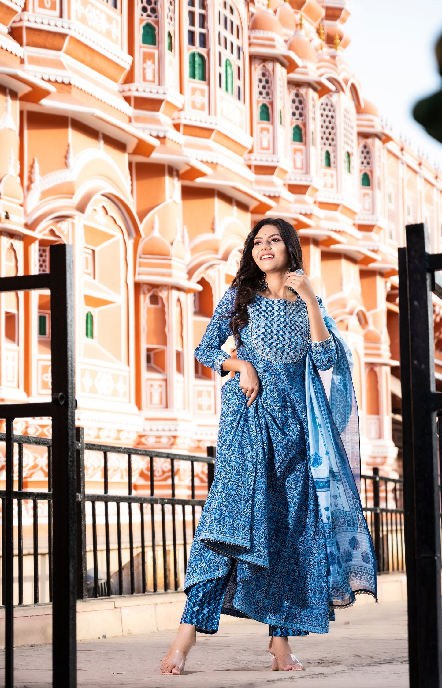 Women's Blue Handblock Dupatta Set