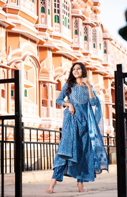 Women's Blue Handblock Dupatta Set