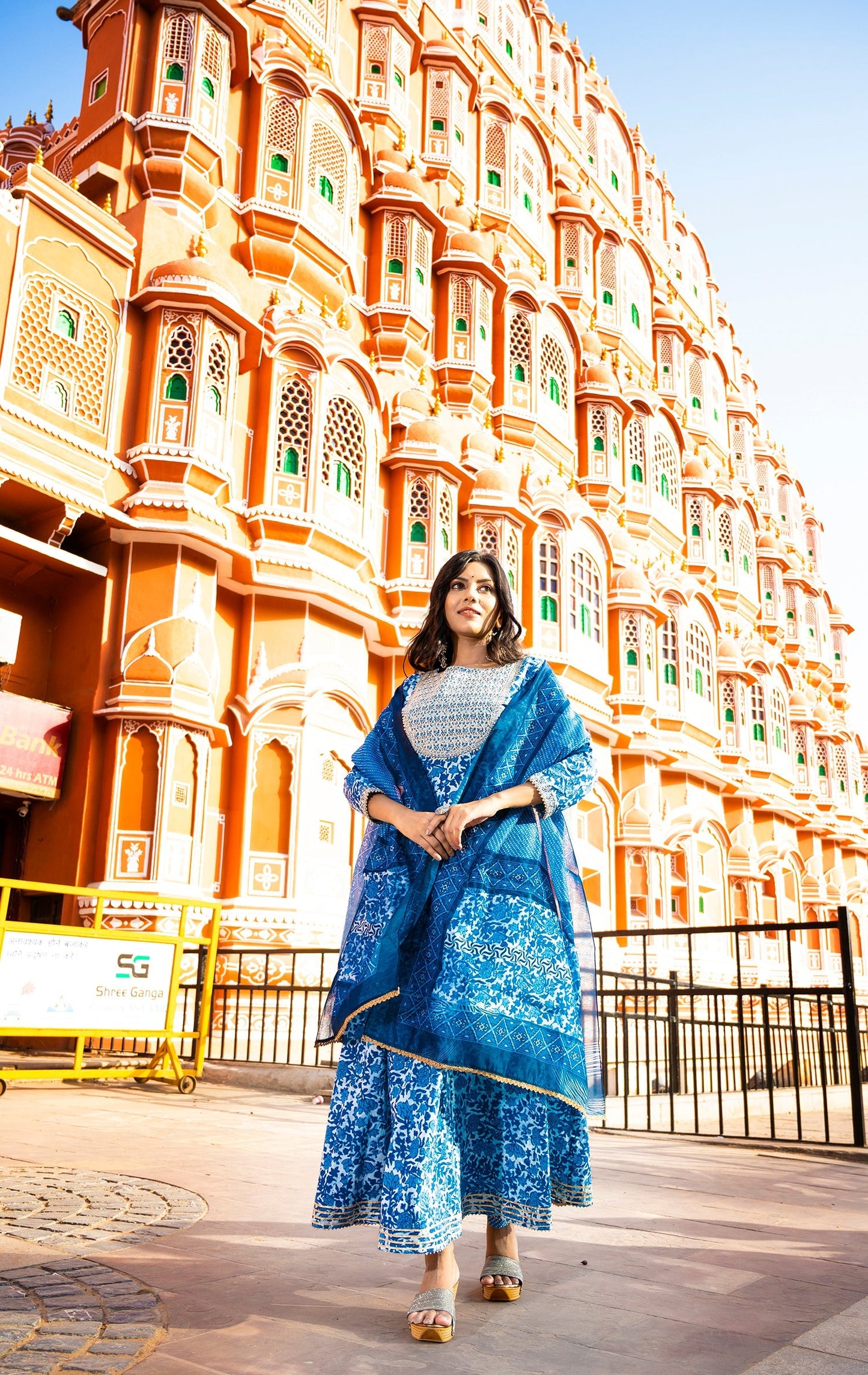Women's Blue Handblock Dupatta Set