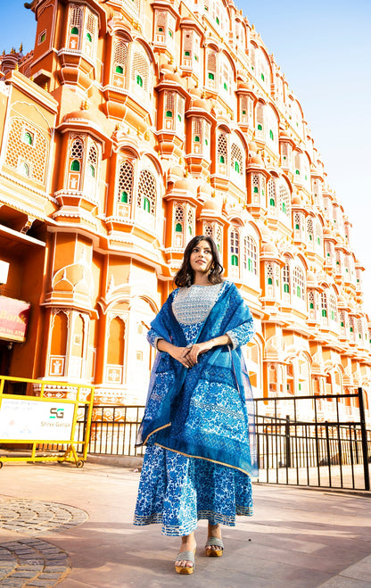 Women's Blue Handblock Dupatta Set