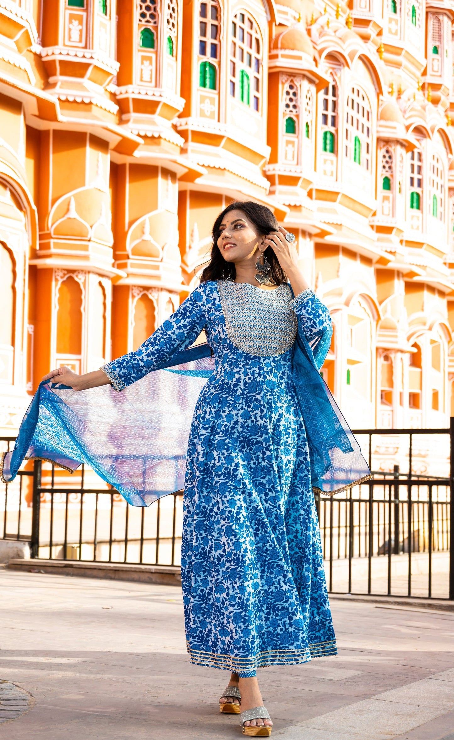 Women's Blue Handblock Dupatta Set