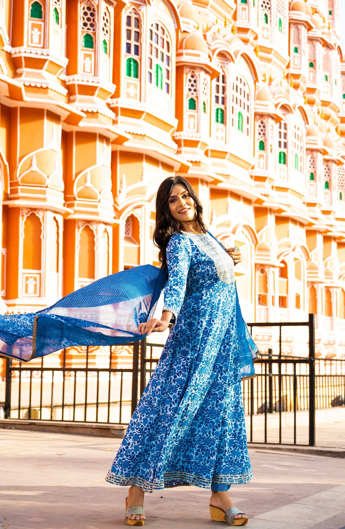 Women's Blue Handblock Dupatta Set
