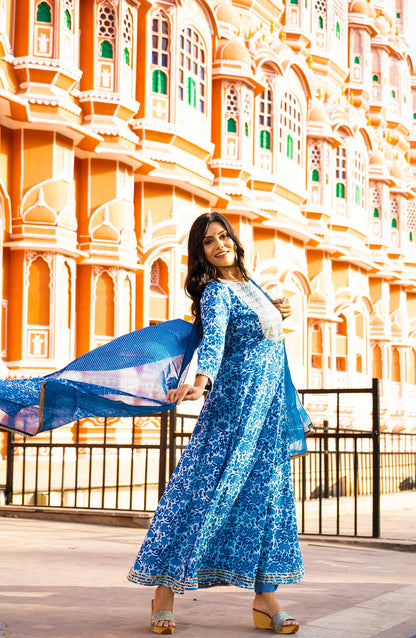 Women's Blue Handblock Dupatta Set