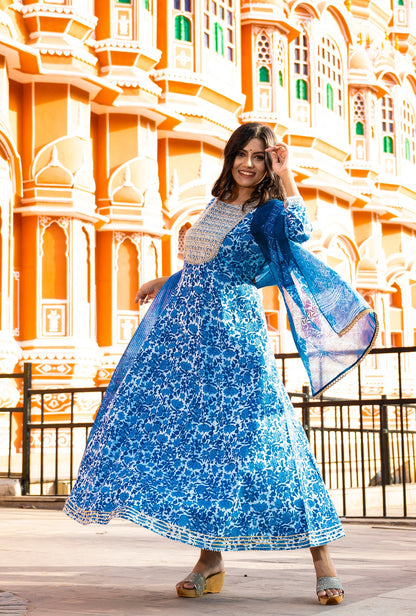 Women's Blue Handblock Dupatta Set