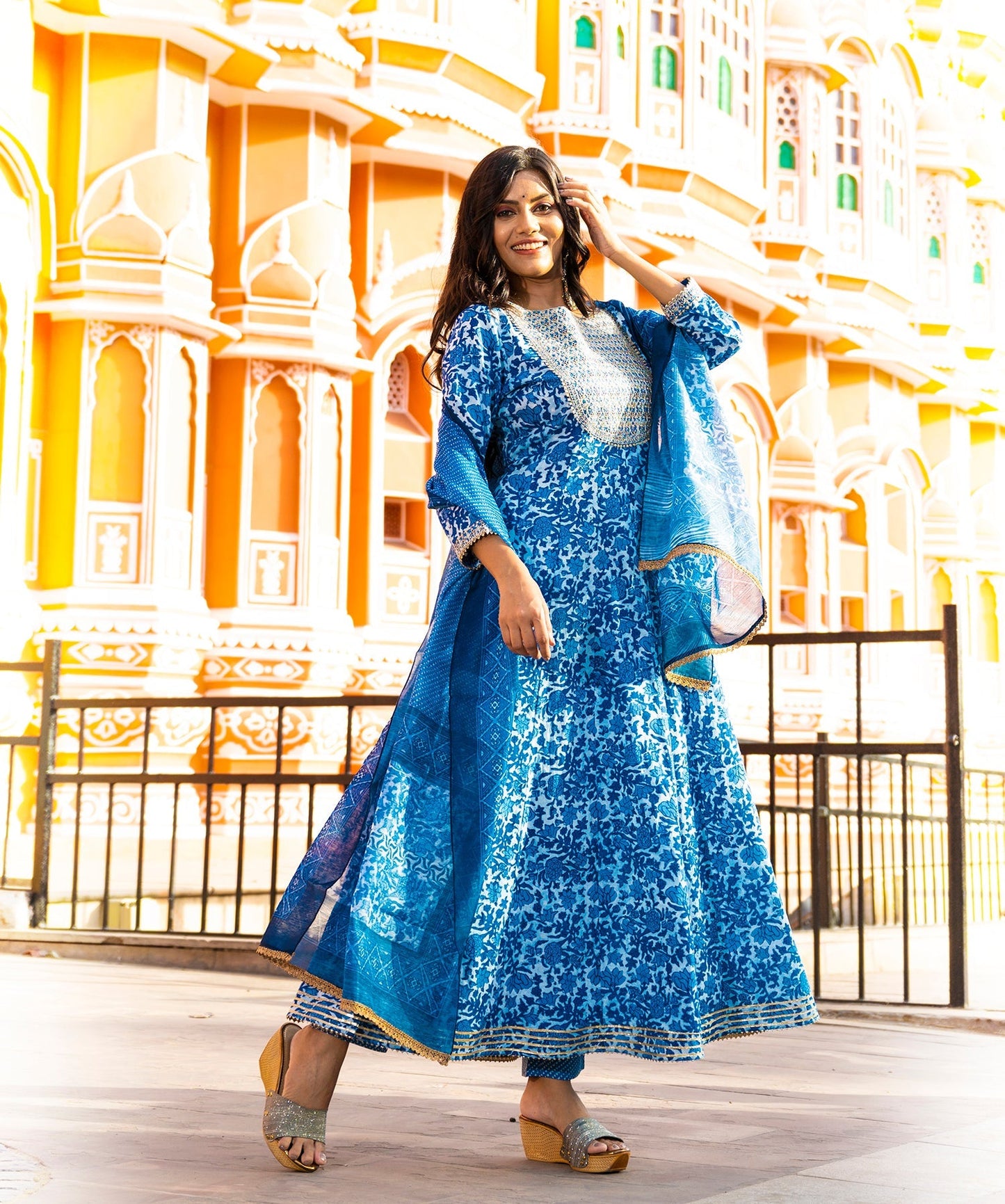 Women's Blue Handblock Dupatta Set