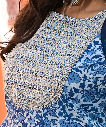 Women's Blue Handblock Dupatta Set