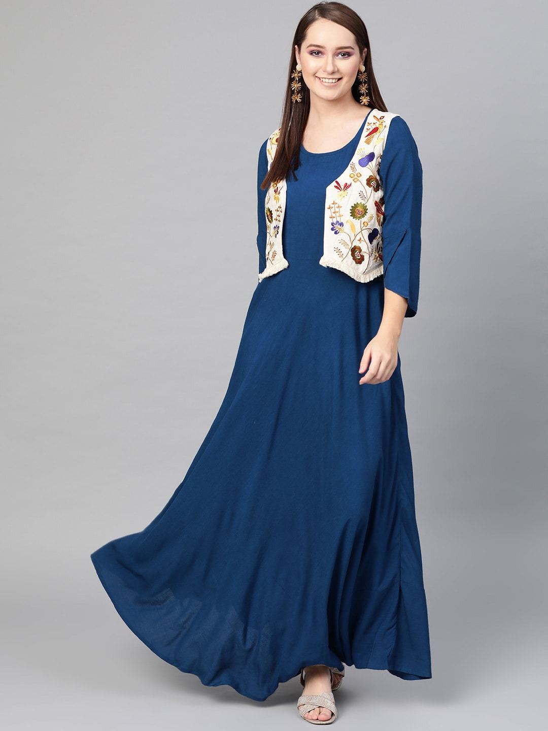 Women's  Blue Solid Fit and Flare Dress
