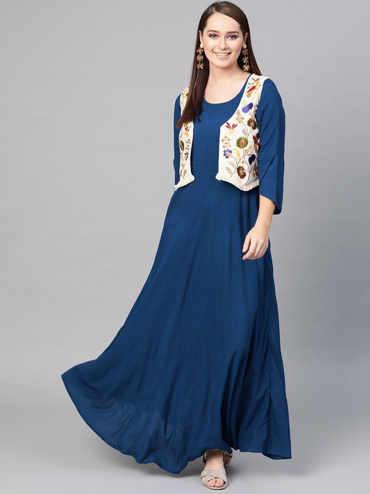 Women's  Blue Solid Fit and Flare Dress