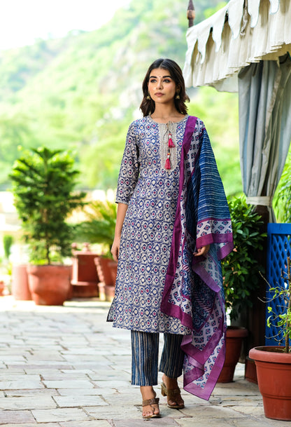 Women's Blue Printed Dupatta Set