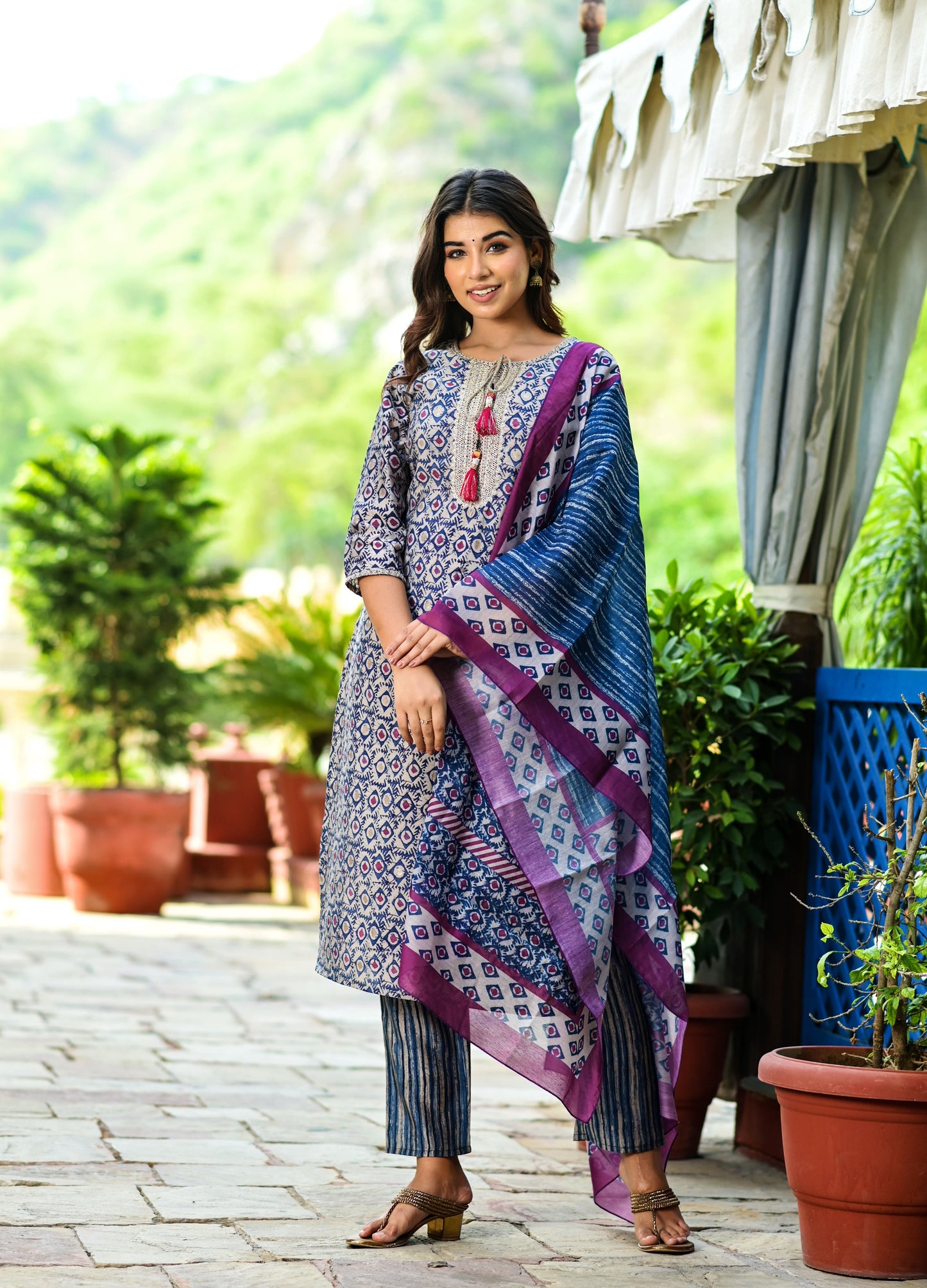 Women's Blue Printed Dupatta Set