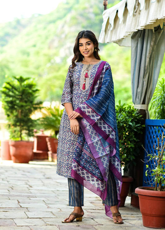 Women's Blue Printed Dupatta Set