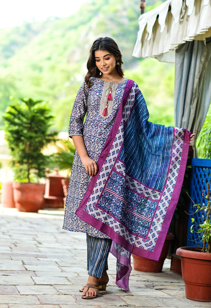 Women's Blue Printed Dupatta Set