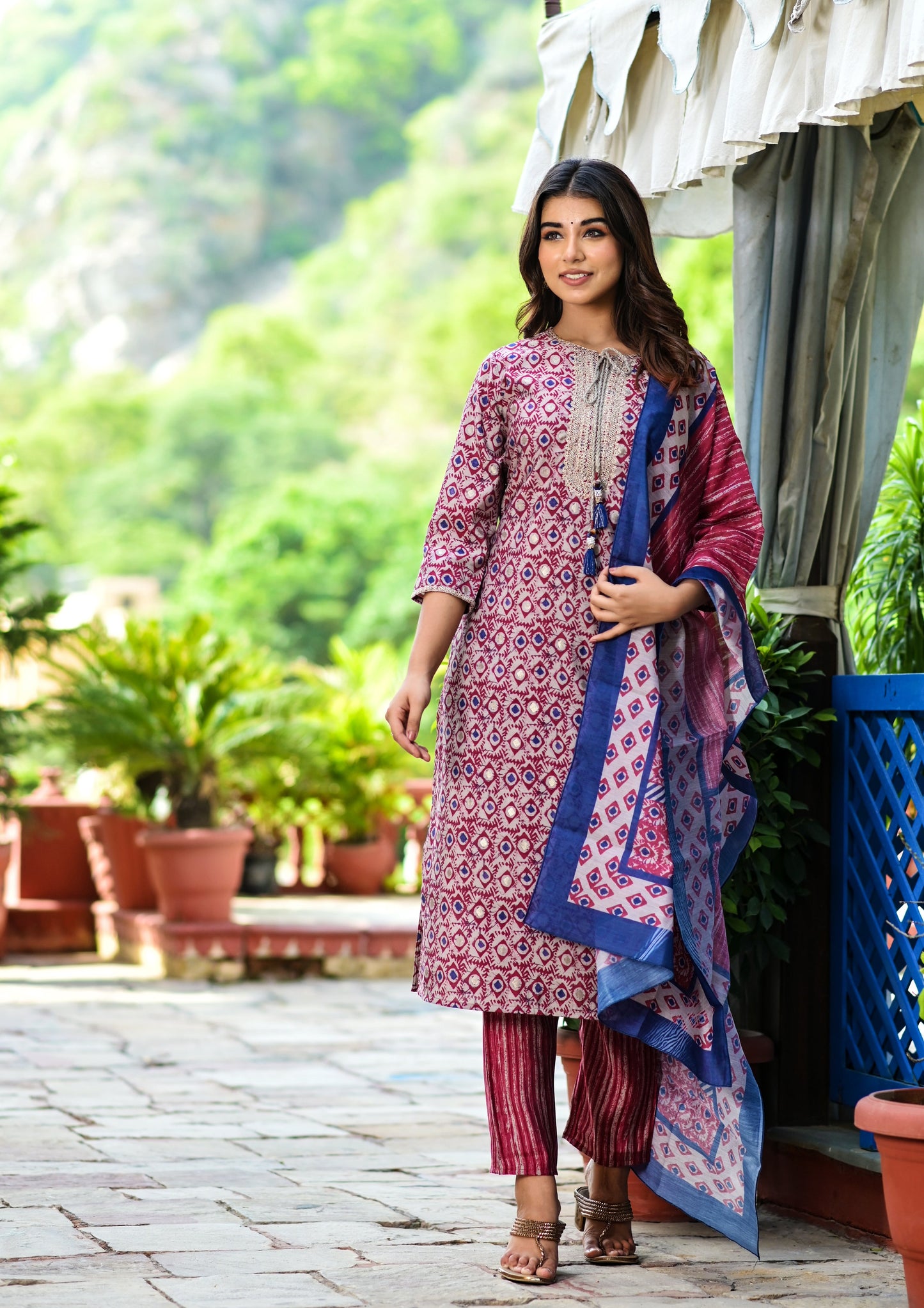 Women's Maroon Printed Dupatta Set