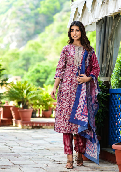 Women's Maroon Printed Dupatta Set