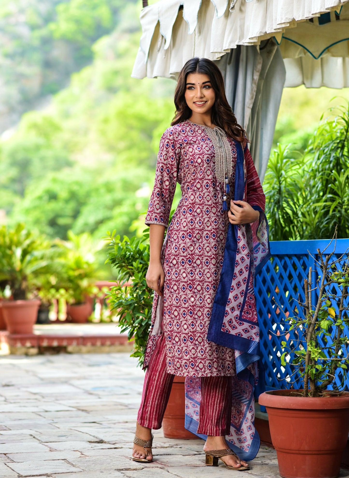 Women's Maroon Printed Dupatta Set