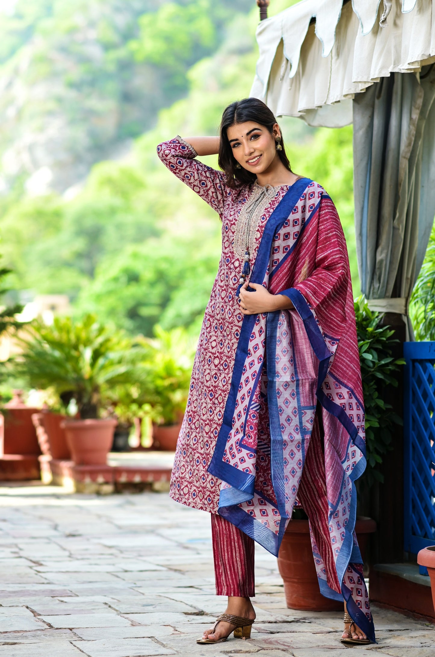 Women's Maroon Printed Dupatta Set