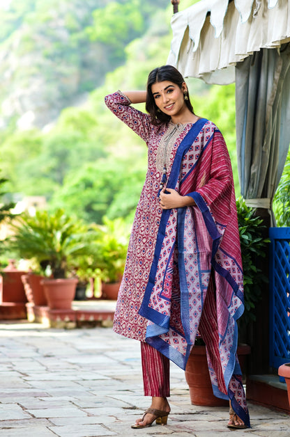 Women's Maroon Printed Dupatta Set