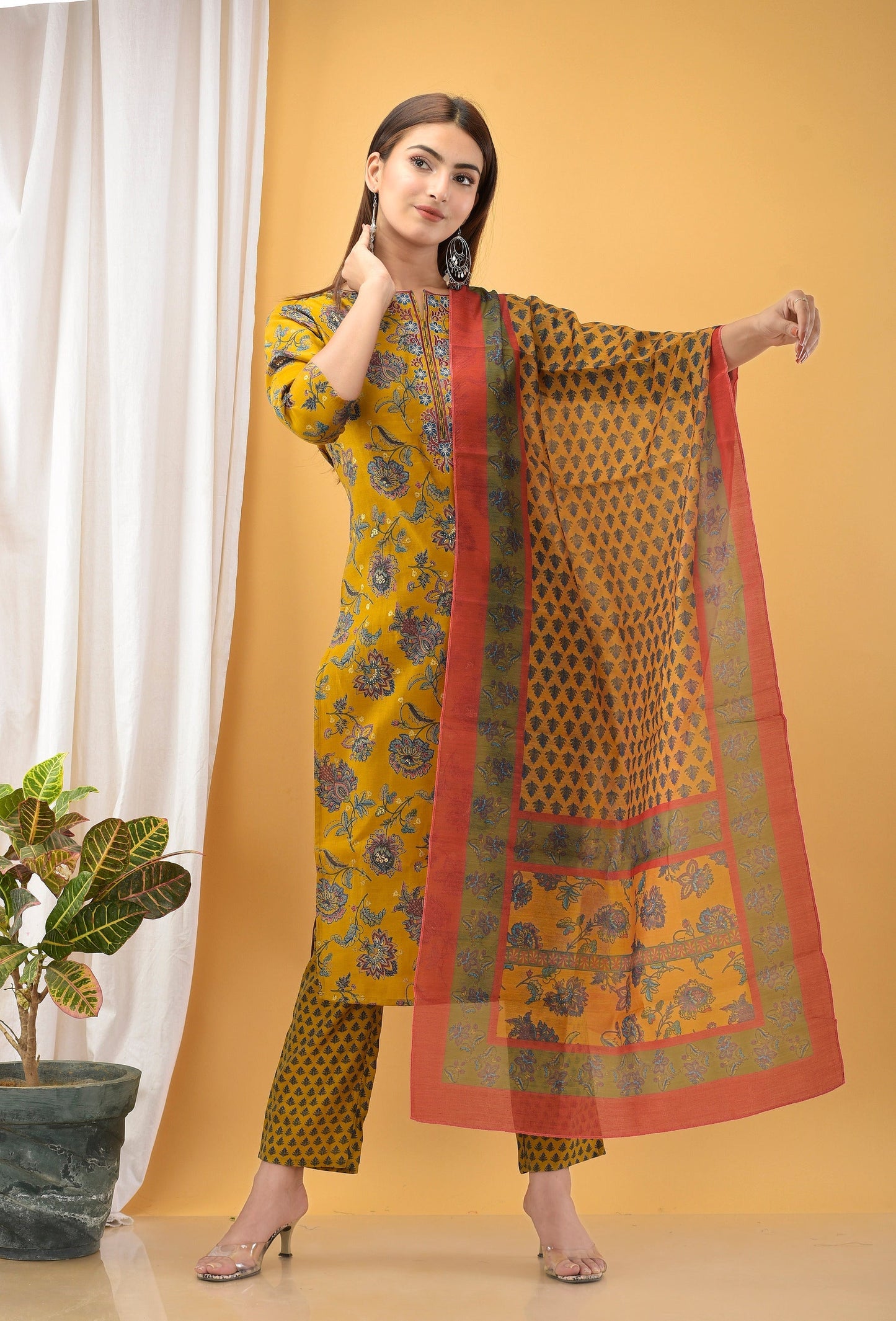 Women's Mustard Handblock Dupatta Set