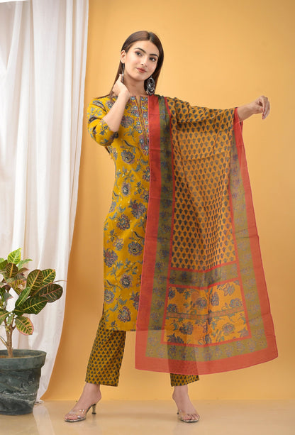 Women's Mustard Handblock Dupatta Set