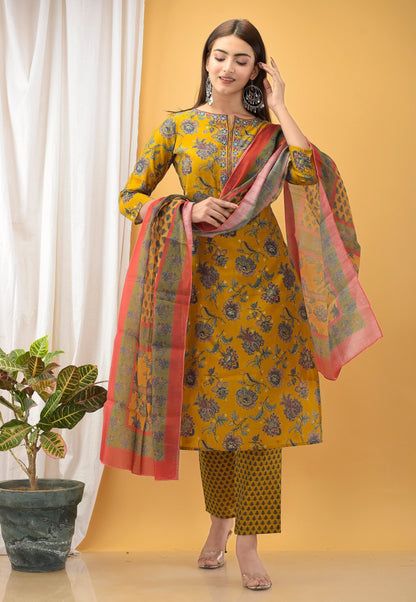Women's Mustard Handblock Dupatta Set