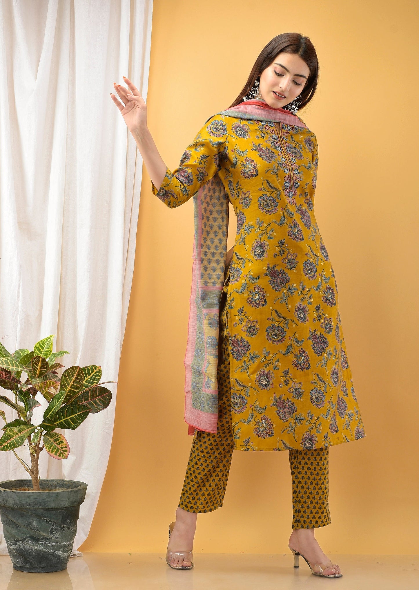 Women's Mustard Handblock Dupatta Set