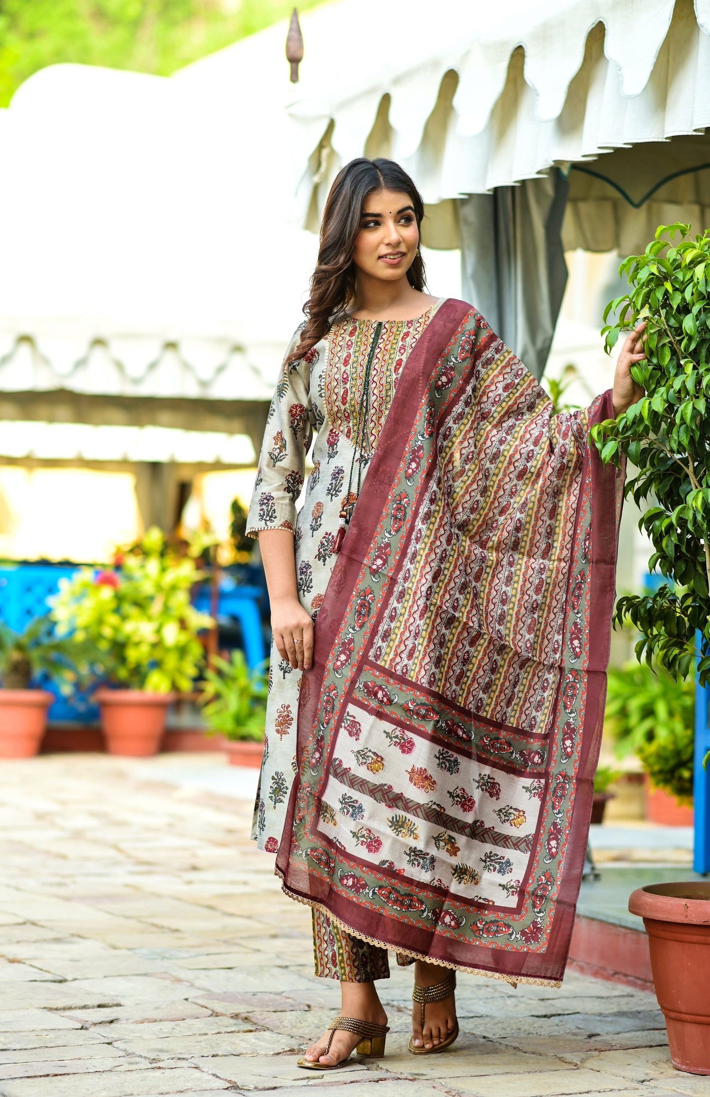 Women's Beige Handblock Dupatta Set