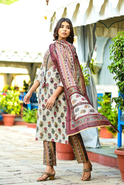 Women's Beige Handblock Dupatta Set