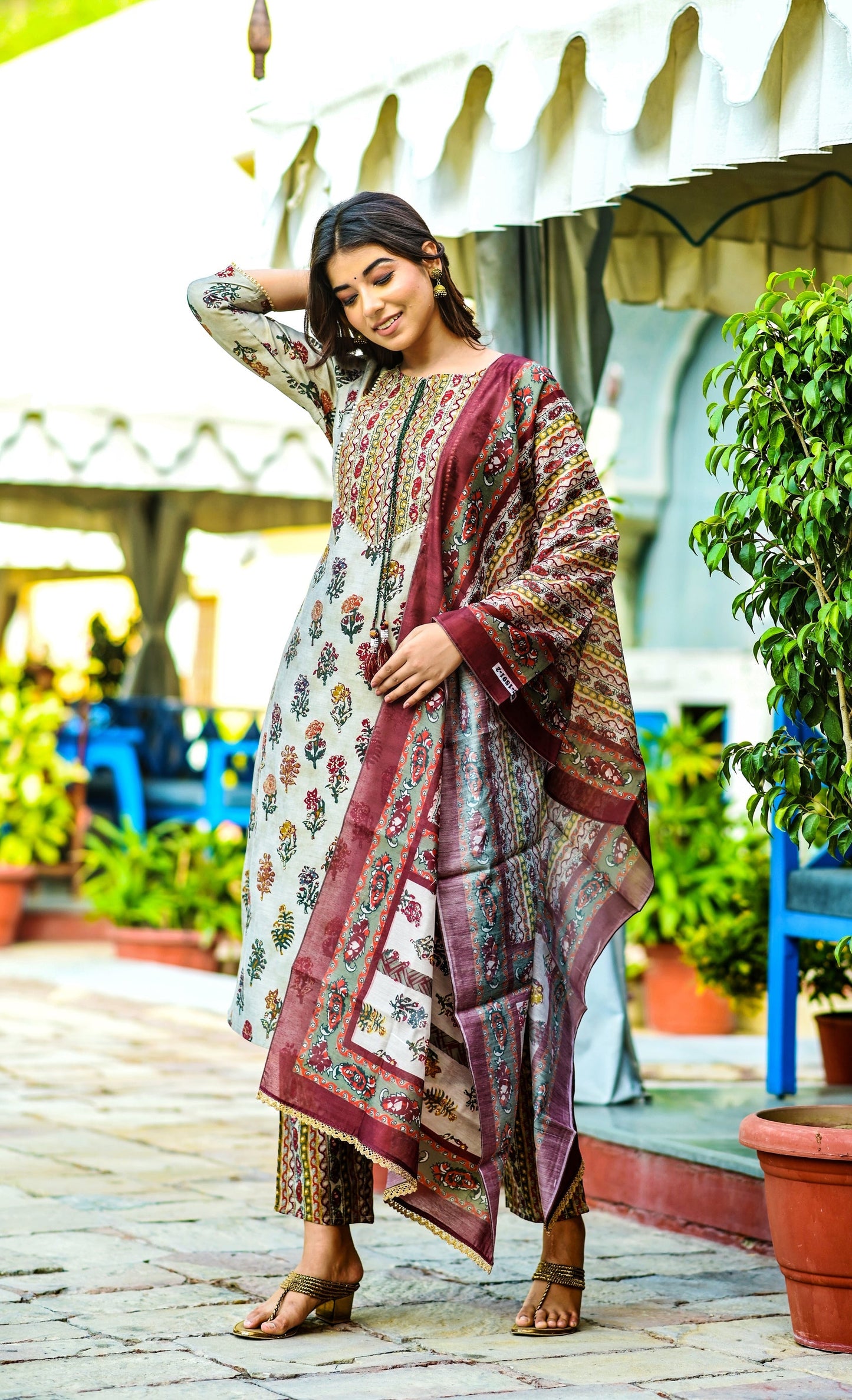 Women's Beige Handblock Dupatta Set