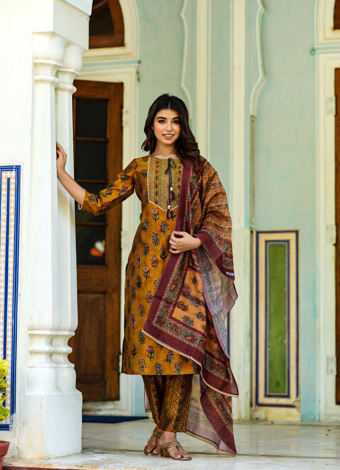 Women's Mustard Handblock Dupatta Set