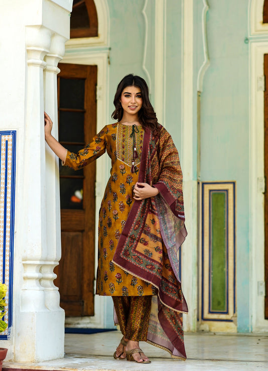 Women's Mustard Handblock Dupatta Set