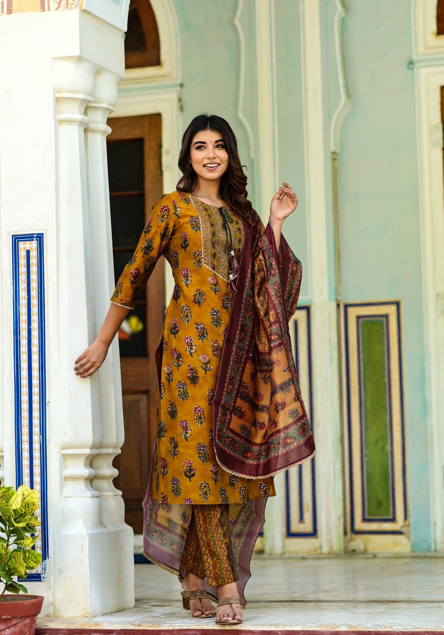 Women's Mustard Handblock Dupatta Set