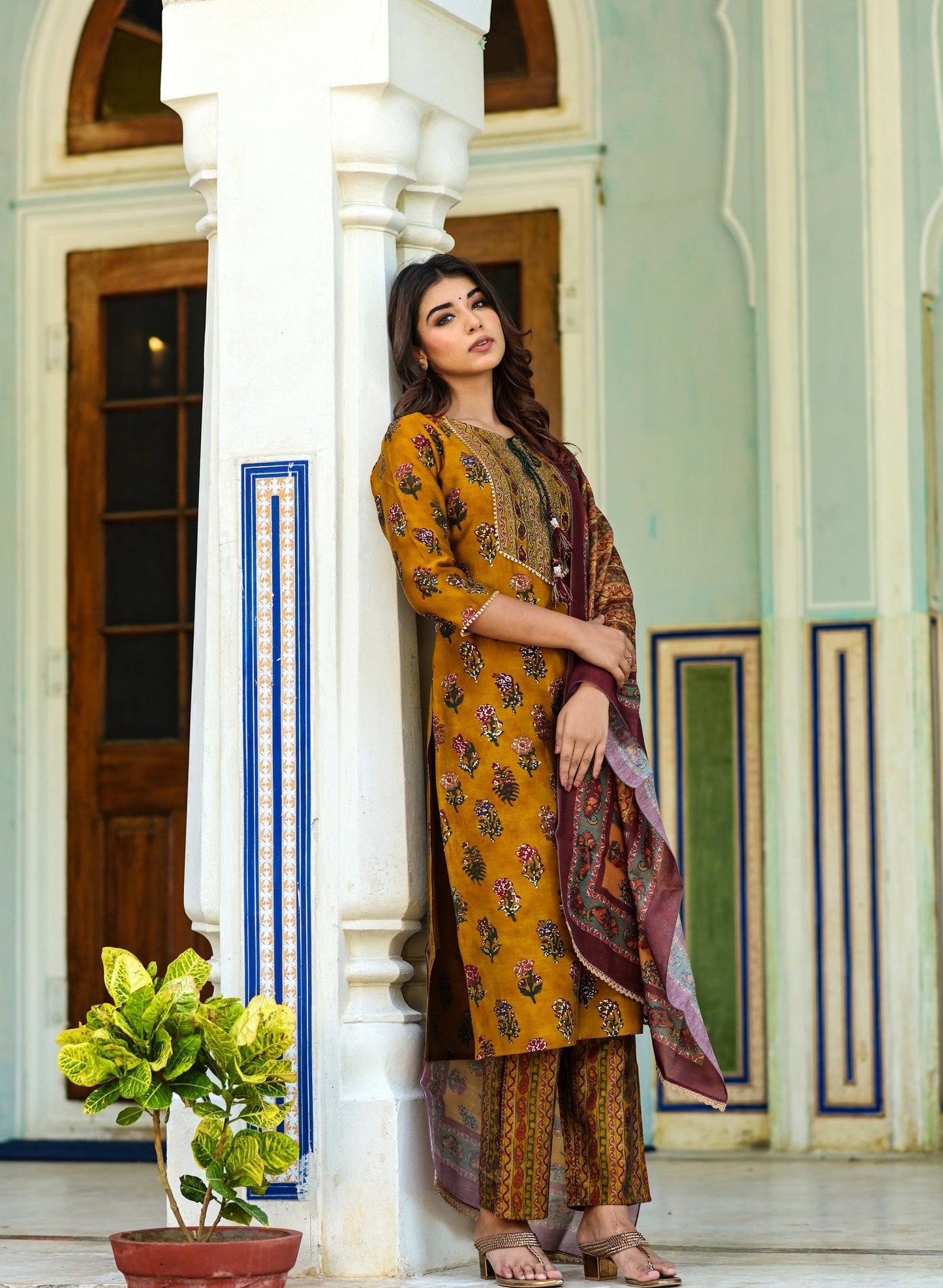 Women's Mustard Handblock Dupatta Set