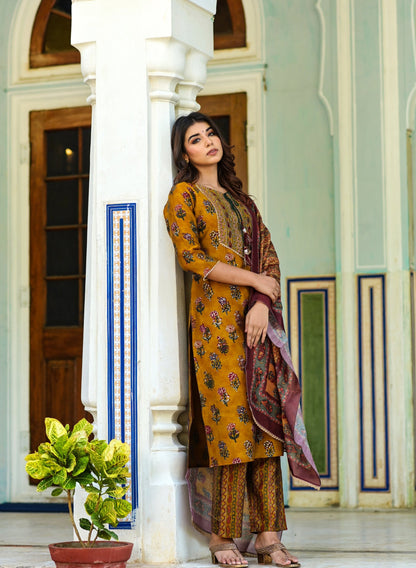 Women's Mustard Handblock Dupatta Set