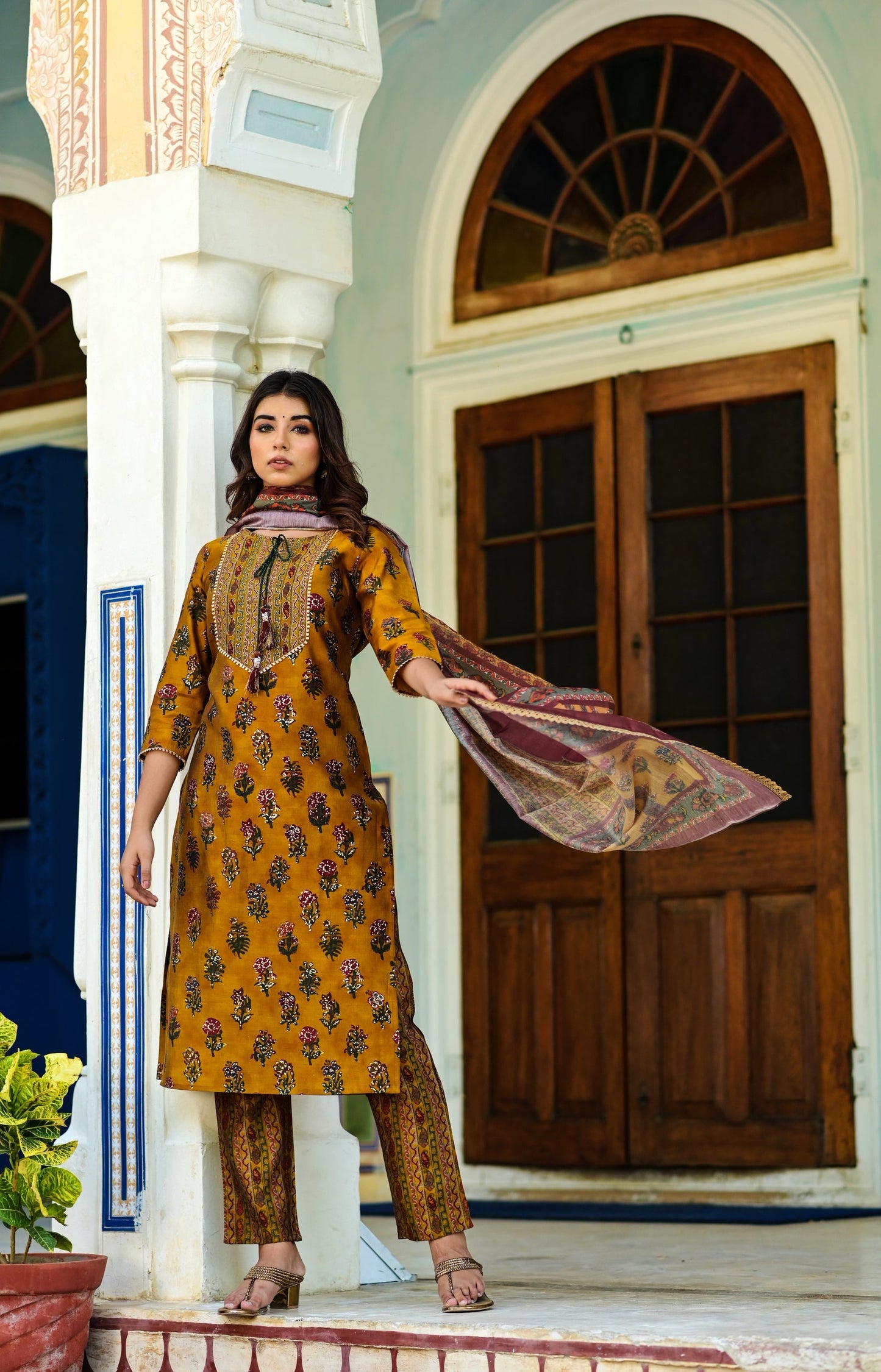 Women's Mustard Handblock Dupatta Set