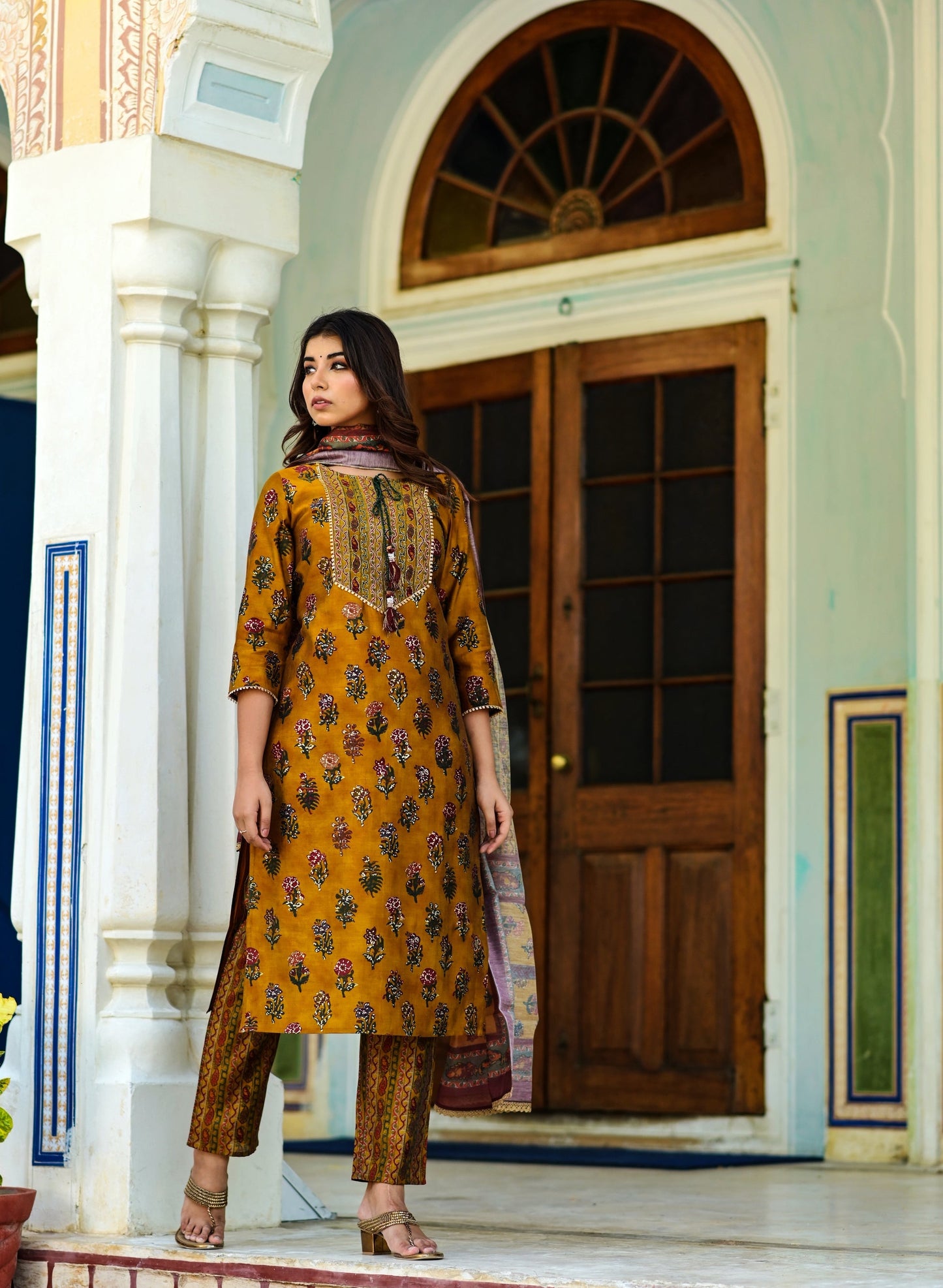 Women's Mustard Handblock Dupatta Set