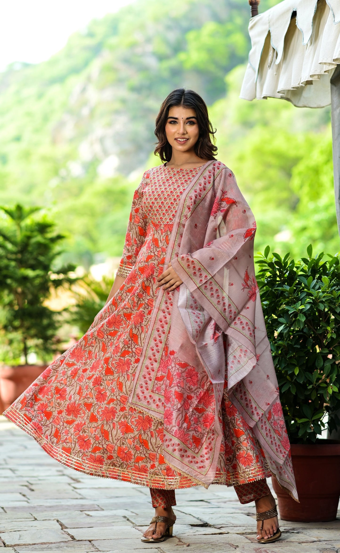 Women's Red Handblock Dupatta Set