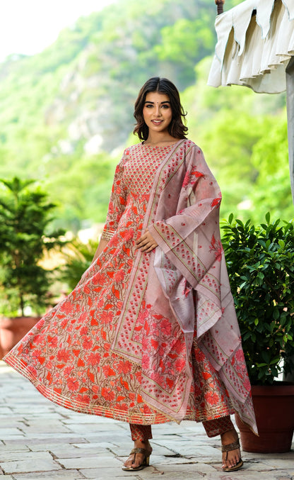 Women's Red Handblock Dupatta Set