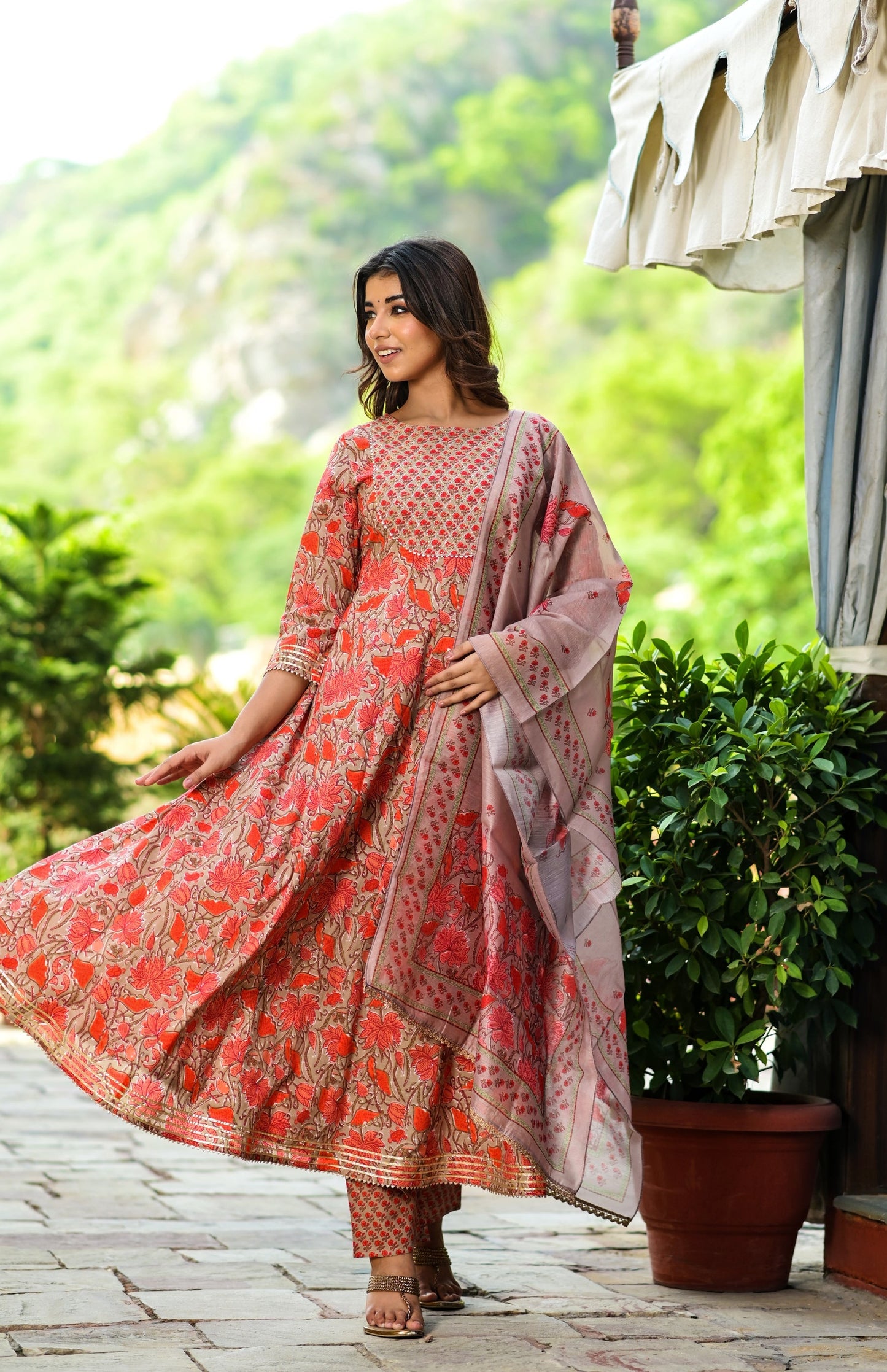 Women's Red Handblock Dupatta Set