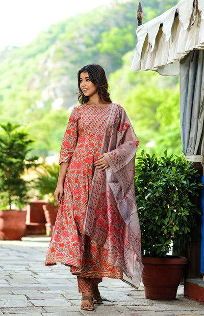 Women's Red Handblock Dupatta Set