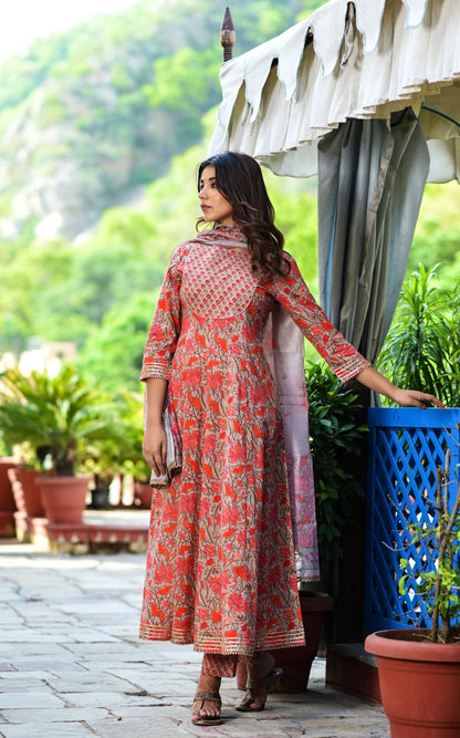 Women's Red Handblock Dupatta Set