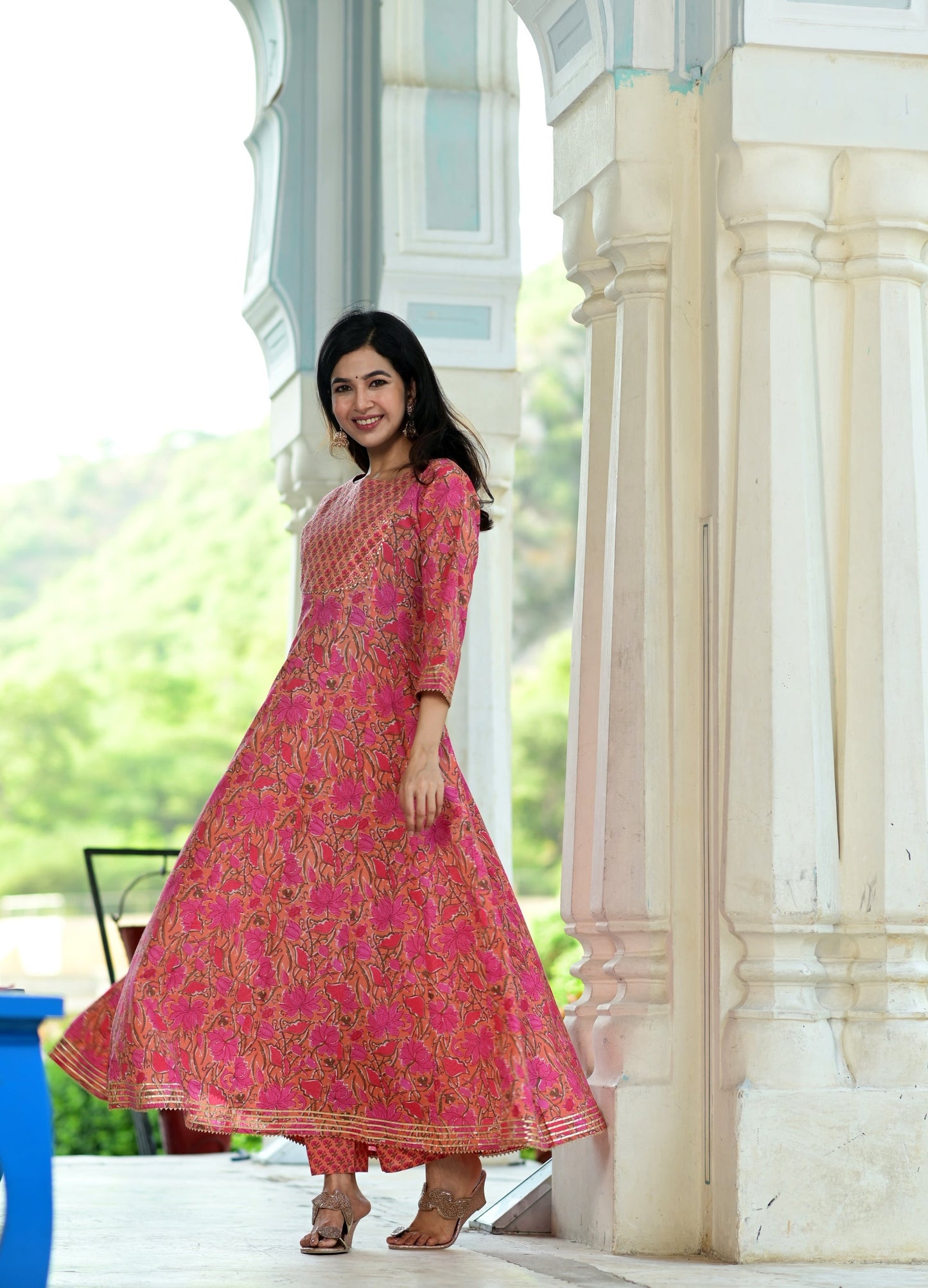 Women's Pink Handblock Dupatta Set
